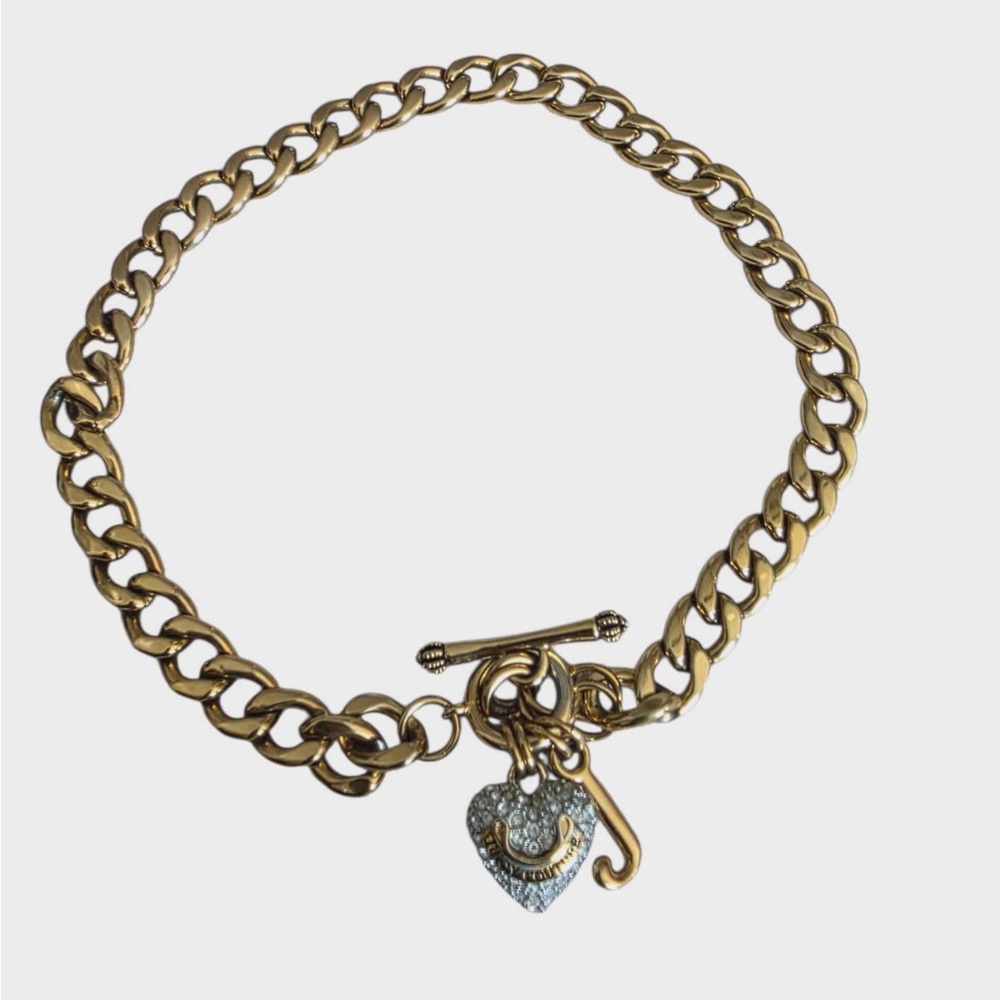 Vintage Juicy Couture Rhinestones Heart J Charm  Gold Tone Link Toggle Necklace